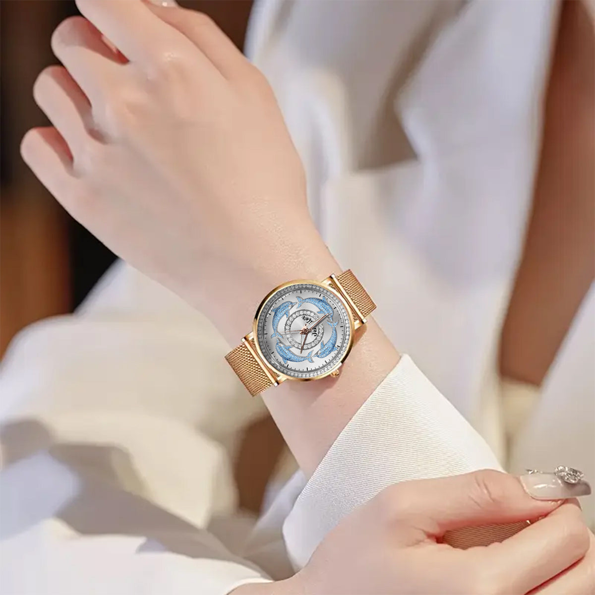 Liebe Delfine – Personalisierte Damen-Handuhr mit Delfinmotiv 
