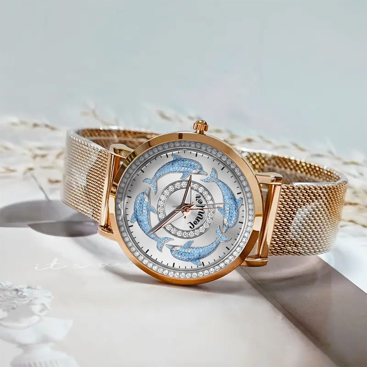 Liebe Delfine – Personalisierte Damen-Handuhr mit Delfinmotiv 