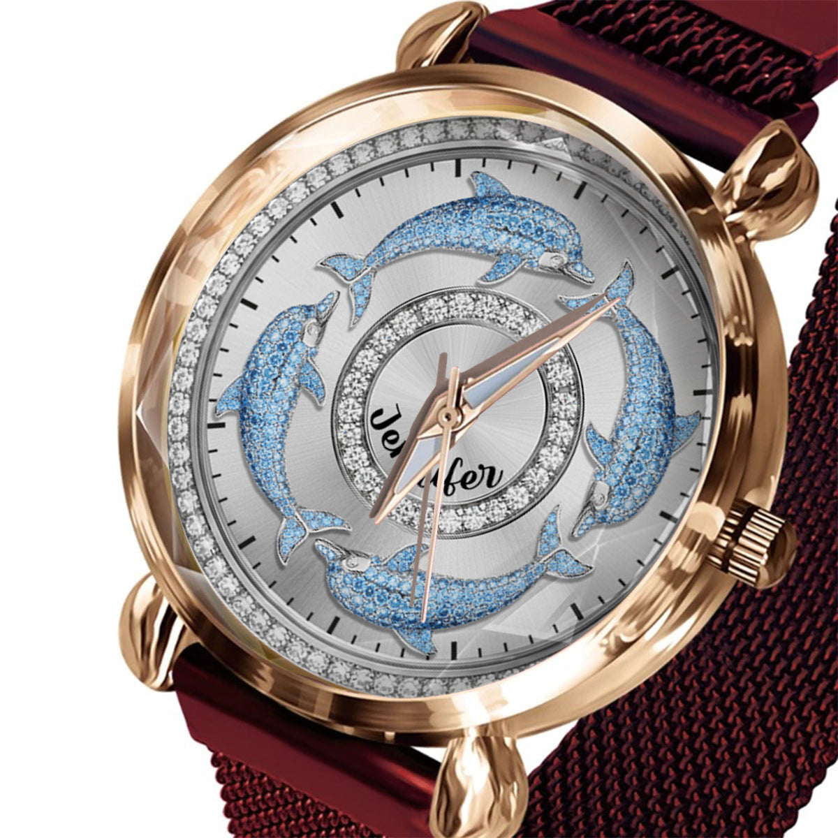 Liebe Delfine – Personalisierte Damen-Handuhr mit Delfinmotiv 
