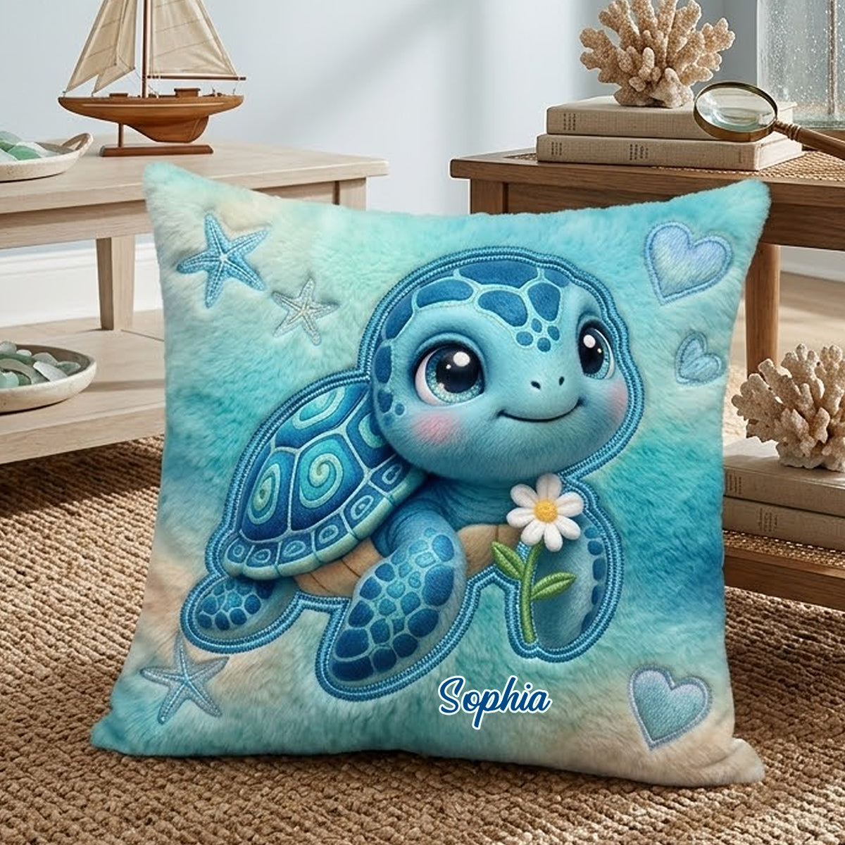 Salty Lil' Beach - Coussin en Fausse Fourrure Personnalisé Tortue