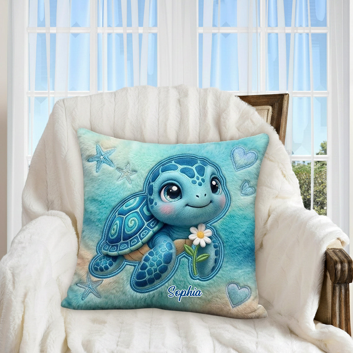 Salty Lil' Beach - Coussin en Fausse Fourrure Personnalisé Tortue