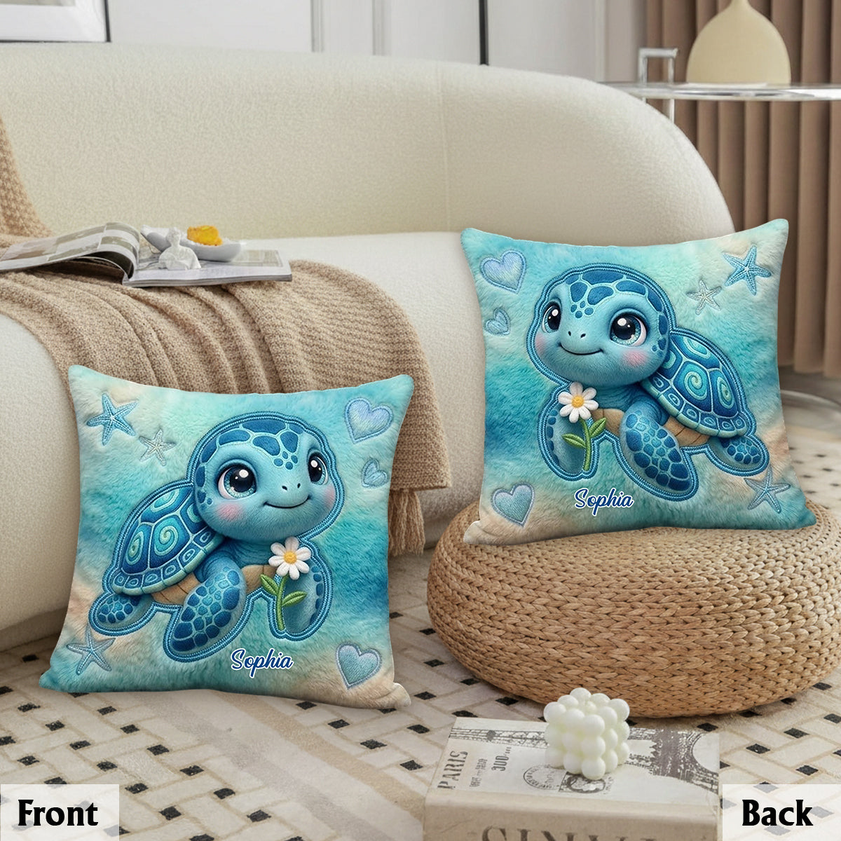 Salty Lil' Beach - Coussin en Fausse Fourrure Personnalisé Tortue