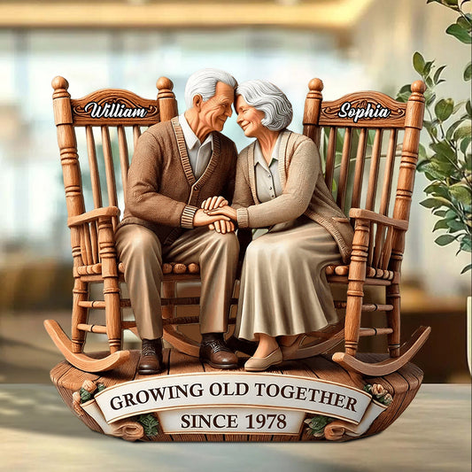 Old Couple Sitting On Rocking Chairs Together - Personalized Couple Custom Shaped Acrylic Plaque