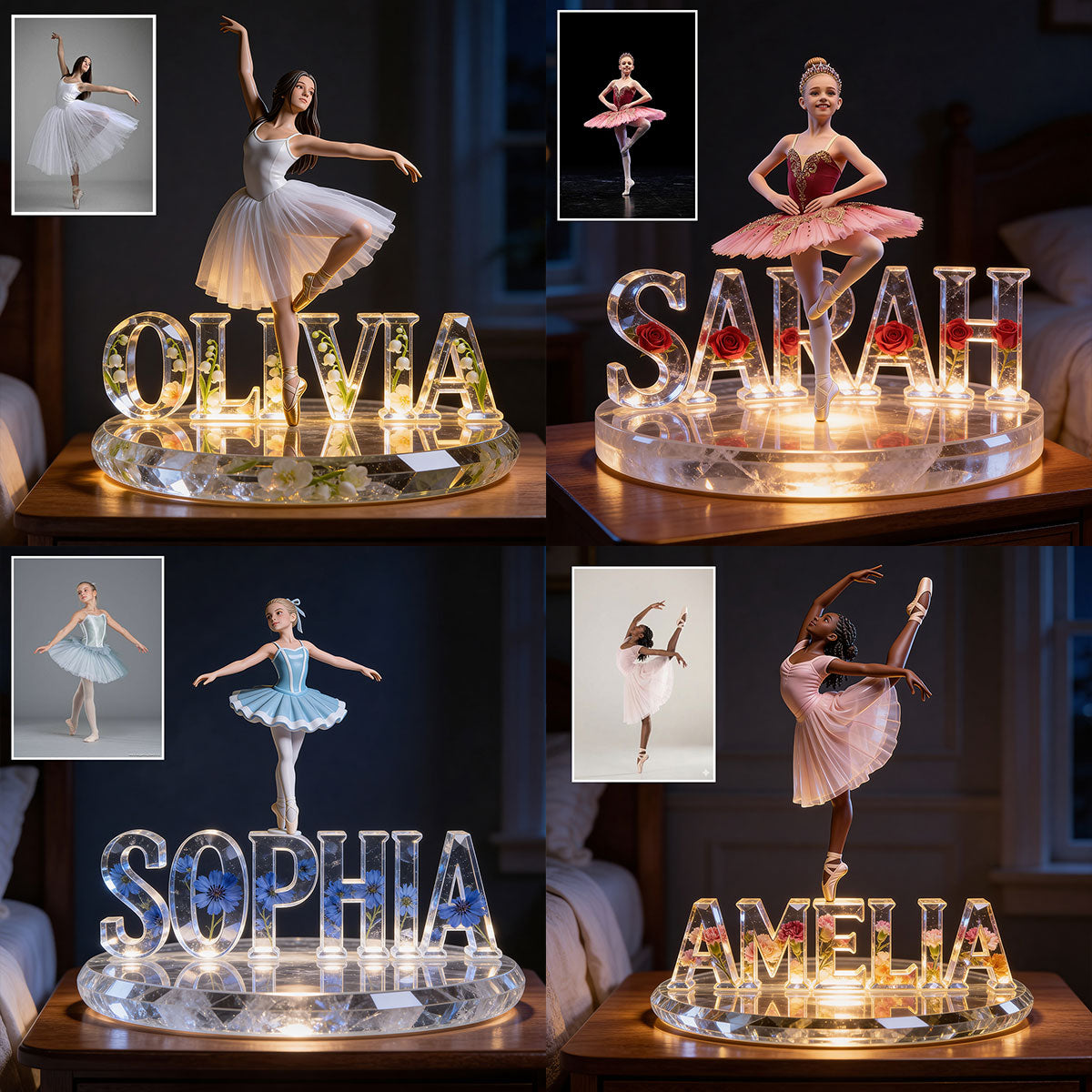 Ballerine & Floral - Lampe de Nuit LED Acrylique Personnalisée