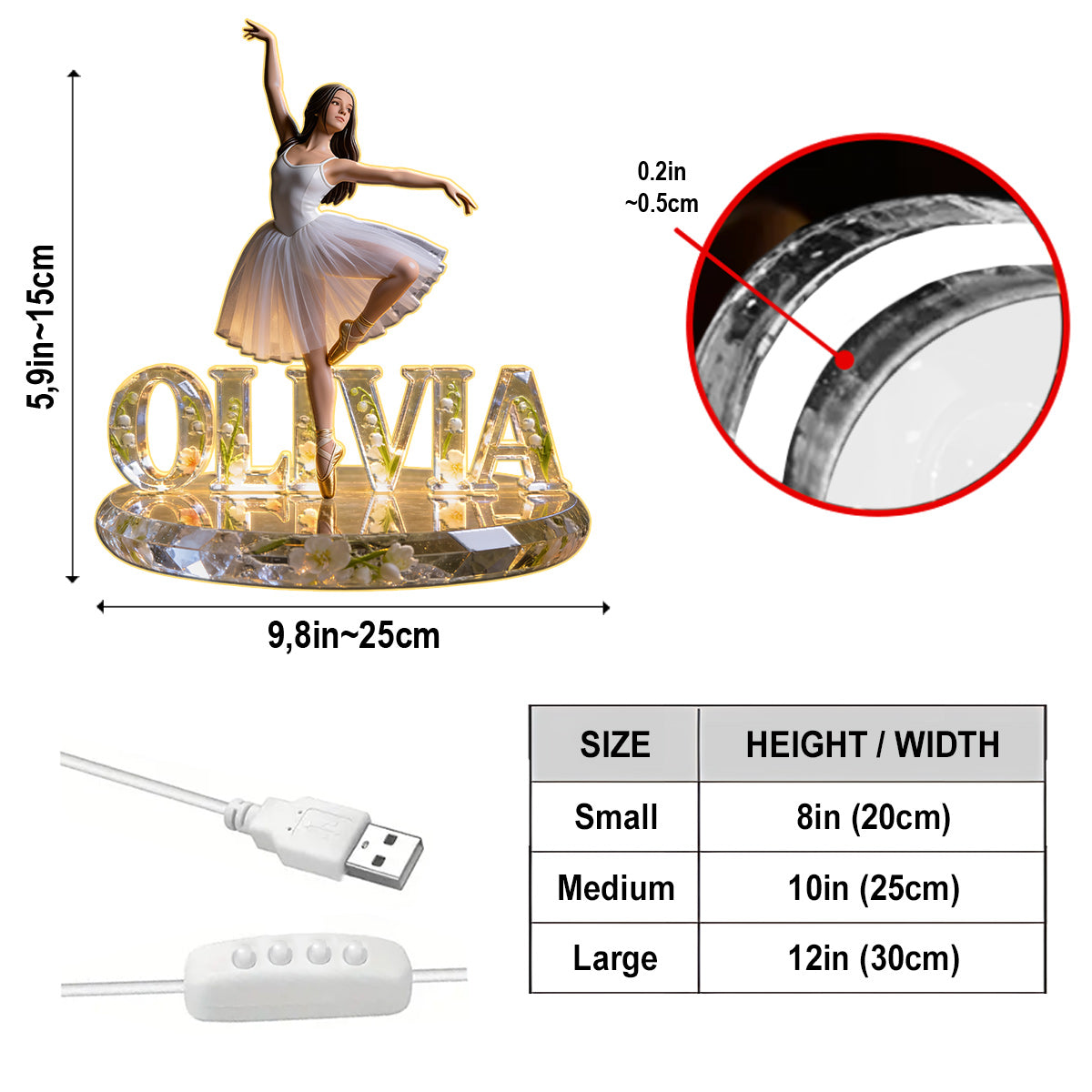 Ballerine & Floral - Lampe de Nuit LED Acrylique Personnalisée