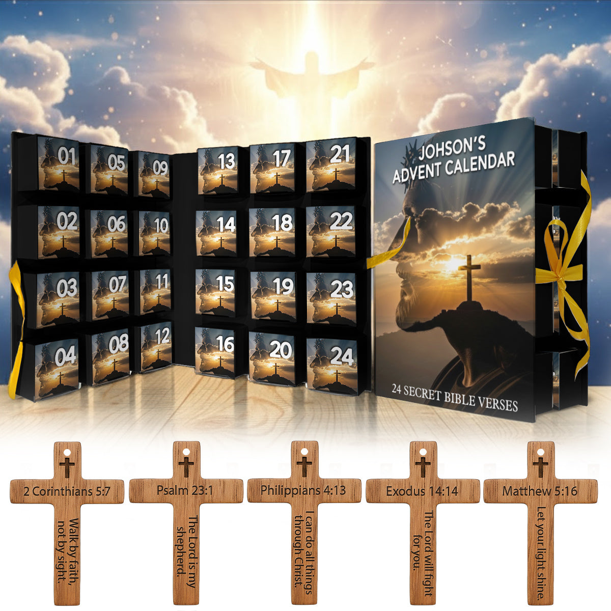Calendrier de l'Avent avec versets bibliques - Calendrier de l'Avent chrétien pliable et personnalisé avec décorations