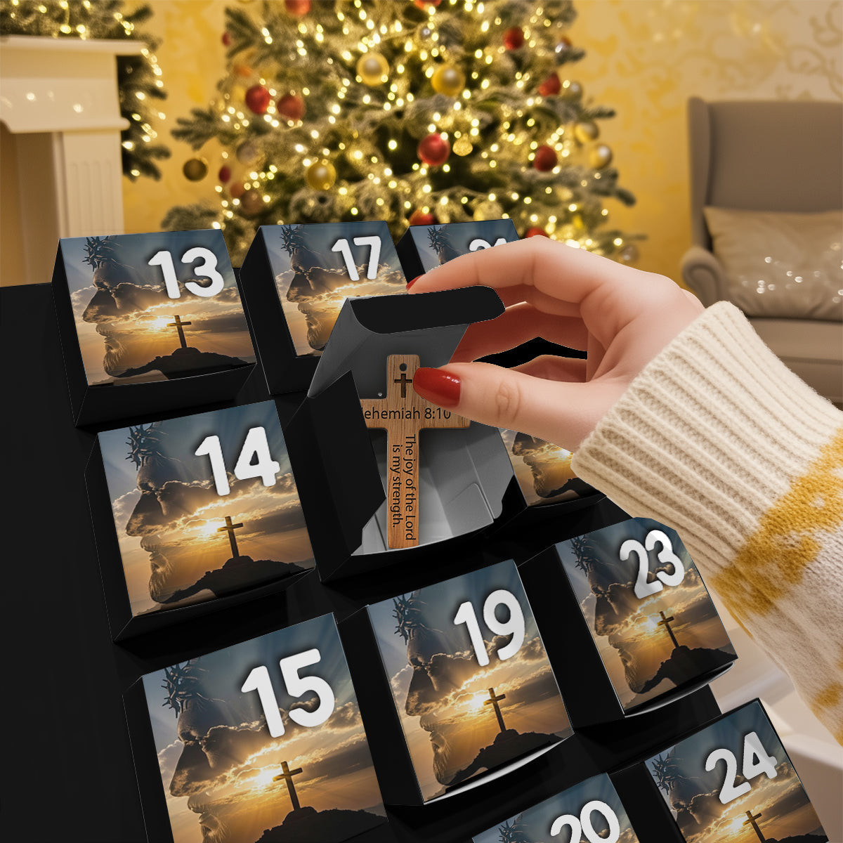 Calendrier de l'Avent avec versets bibliques - Calendrier de l'Avent chrétien pliable et personnalisé avec décorations