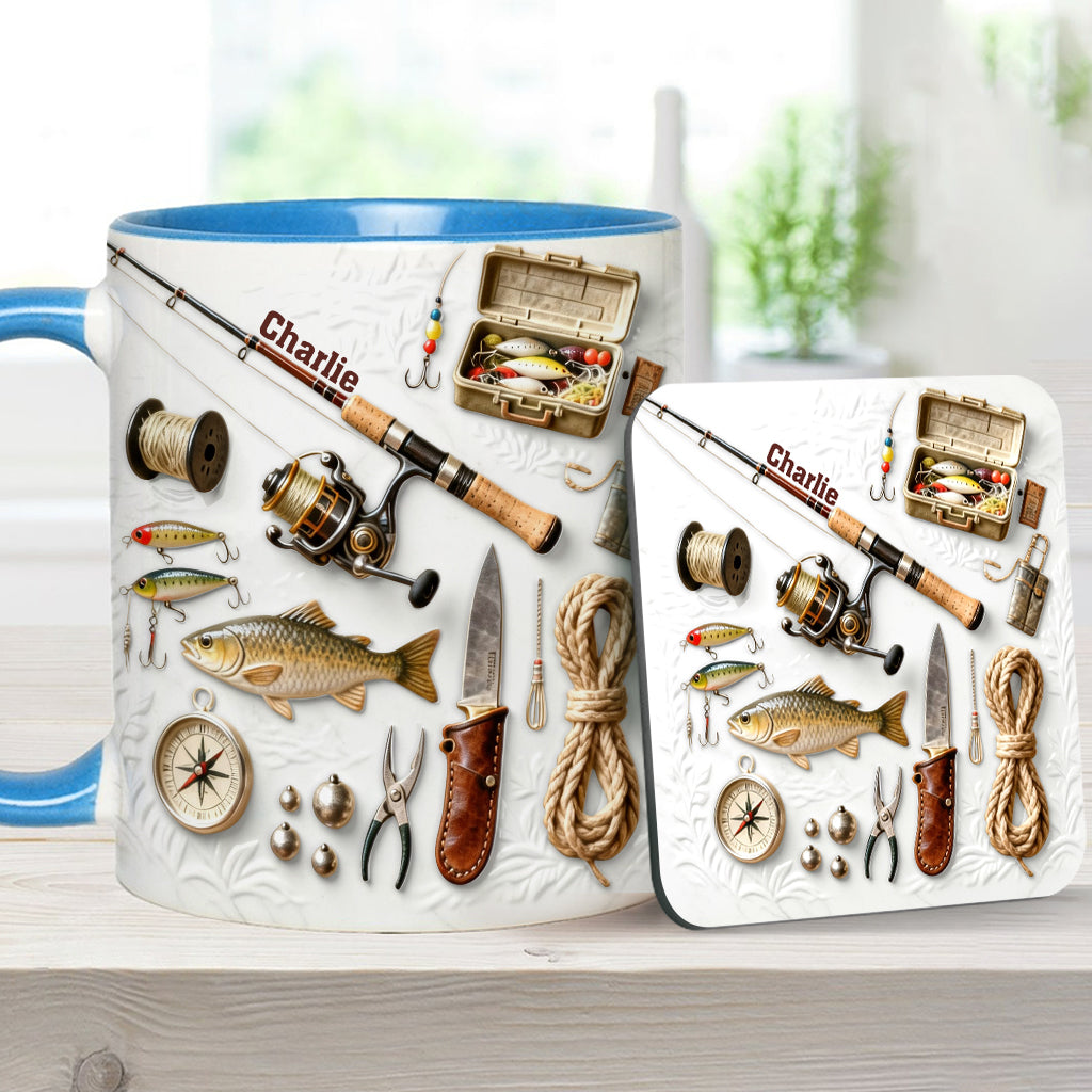 Liebe zum Angeln – Personalisierte Tasse und Untersetzer mit Angelmotiv