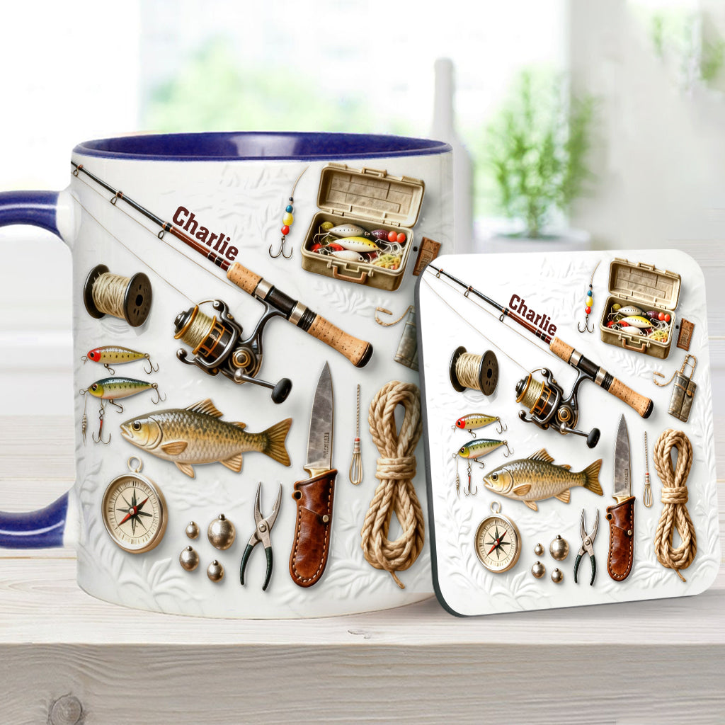 Liebe zum Angeln – Personalisierte Tasse und Untersetzer mit Angelmotiv