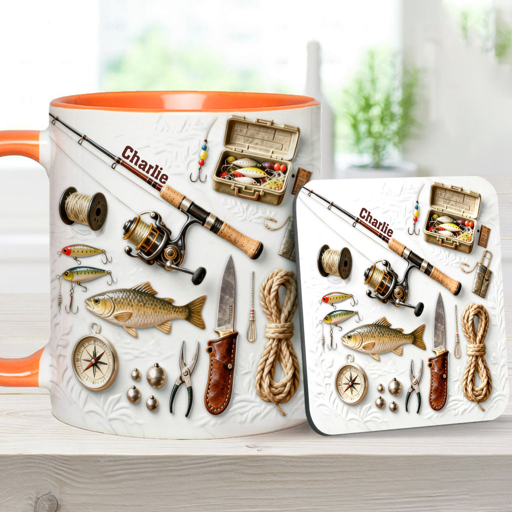 Liebe zum Angeln – Personalisierte Tasse und Untersetzer mit Angelmotiv