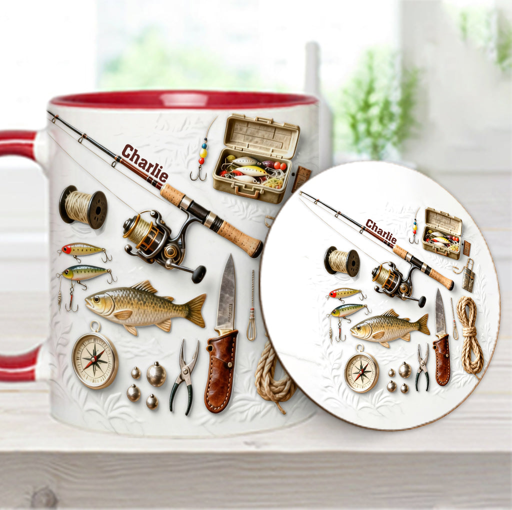 Liebe zum Angeln – Personalisierte Tasse und Untersetzer mit Angelmotiv