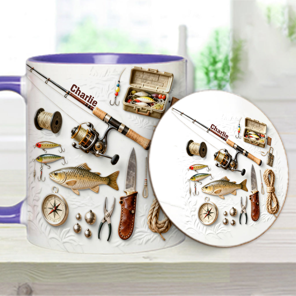 Liebe zum Angeln – Personalisierte Tasse und Untersetzer mit Angelmotiv
