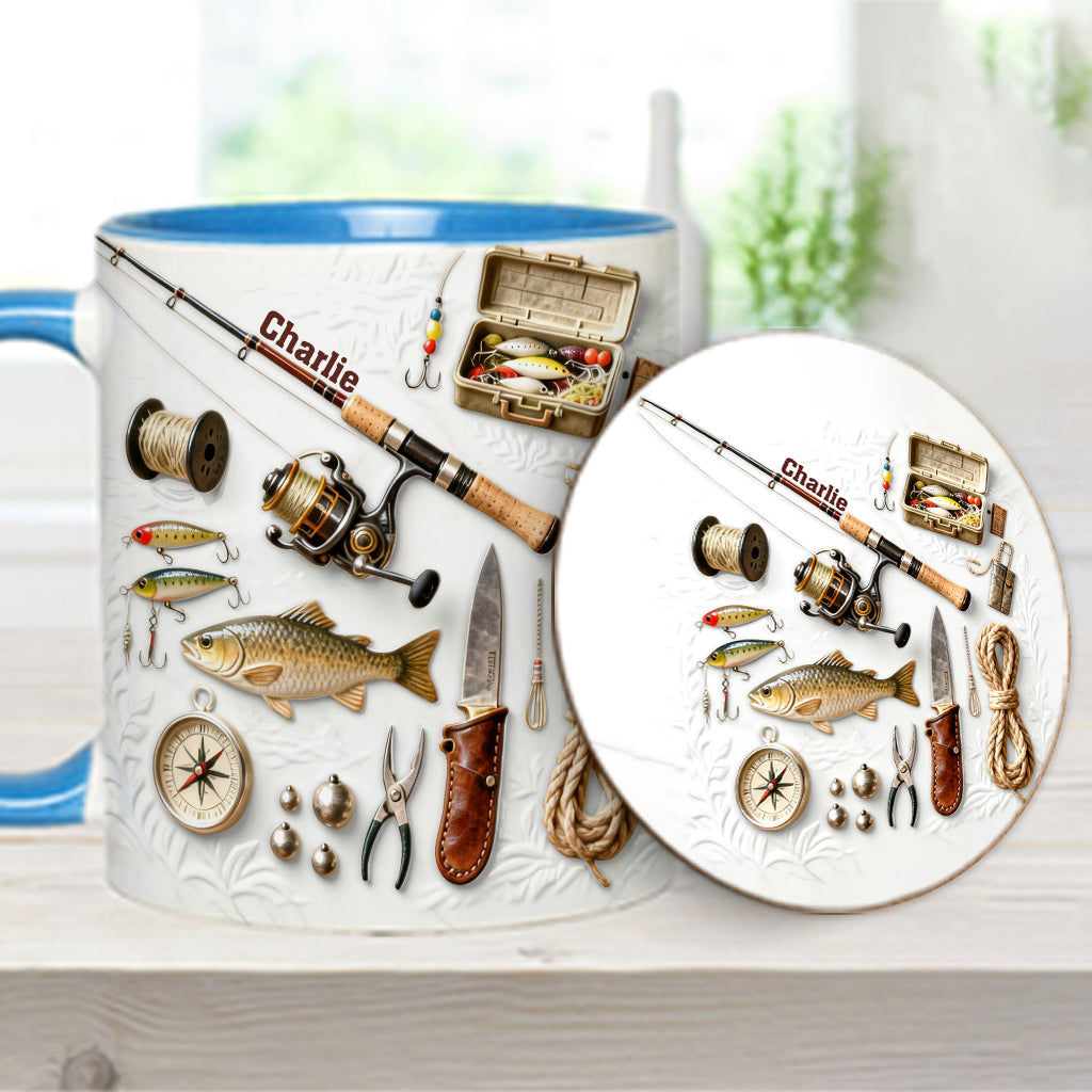 Liebe zum Angeln – Personalisierte Tasse und Untersetzer mit Angelmotiv