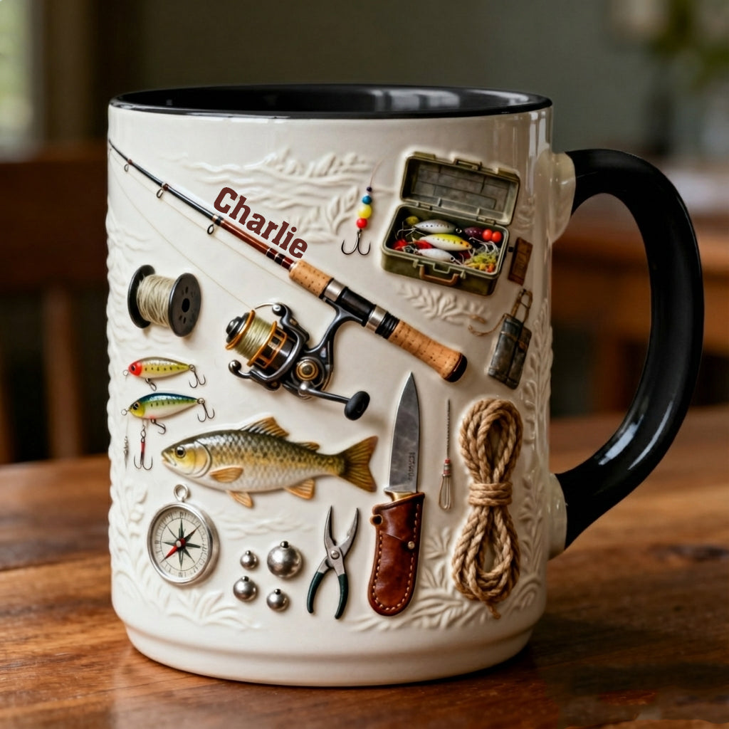 Liebe zum Angeln – Personalisierte Tasse und Untersetzer mit Angelmotiv