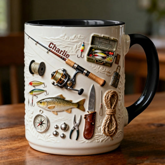 Liebe zum Angeln – Personalisierte Tasse und Untersetzer mit Angelmotiv