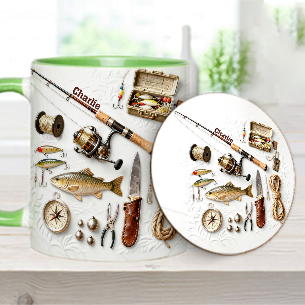 Liebe zum Angeln – Personalisierte Tasse und Untersetzer mit Angelmotiv
