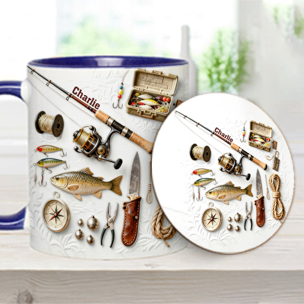 Liebe zum Angeln – Personalisierte Tasse und Untersetzer mit Angelmotiv