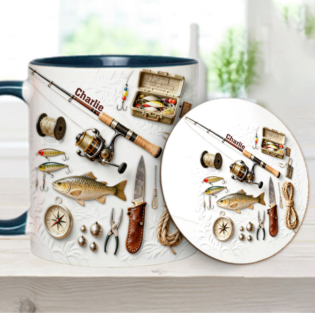 Liebe zum Angeln – Personalisierte Tasse und Untersetzer mit Angelmotiv