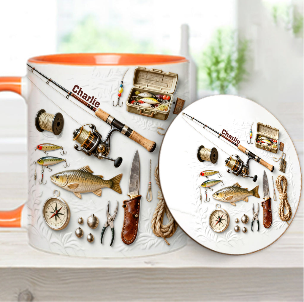 Liebe zum Angeln – Personalisierte Tasse und Untersetzer mit Angelmotiv