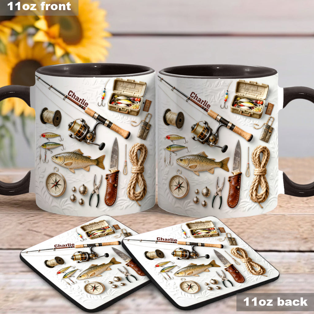 Liebe zum Angeln – Personalisierte Tasse und Untersetzer mit Angelmotiv