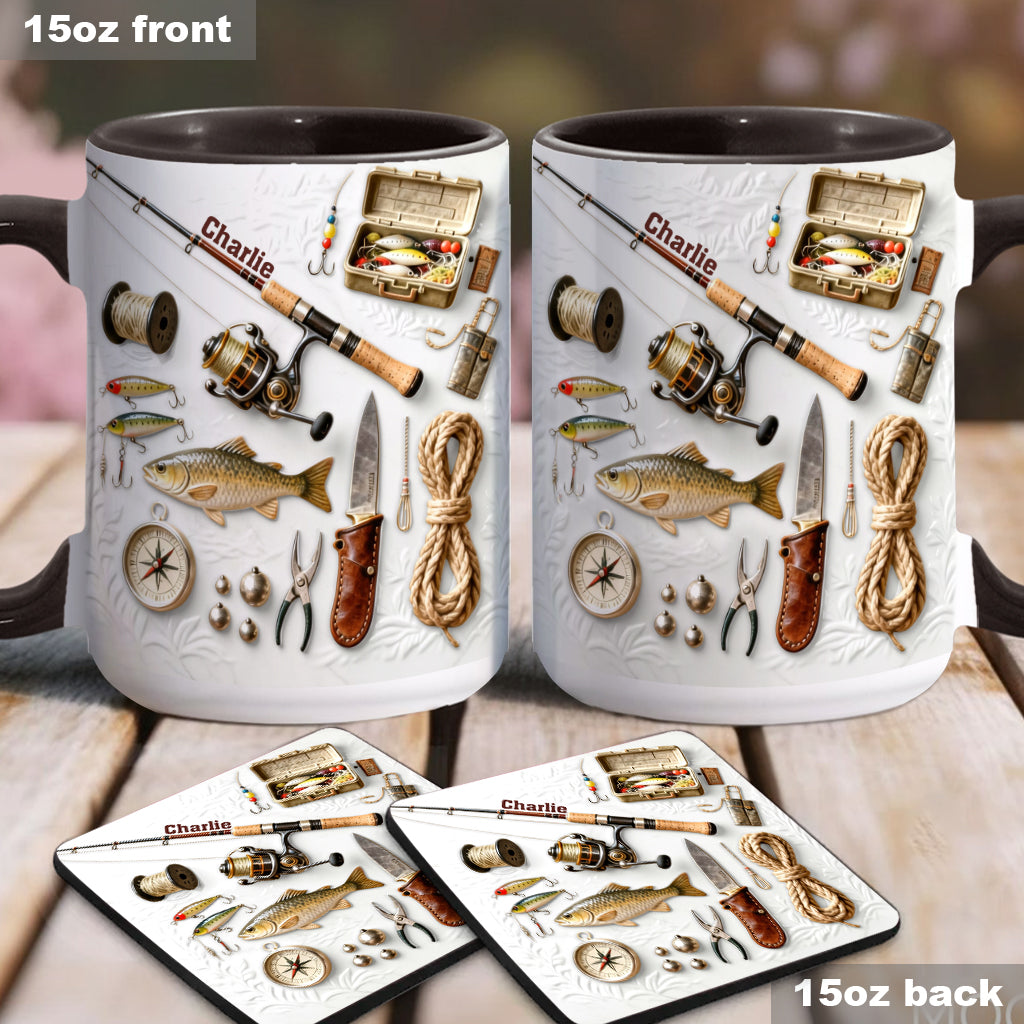 Liebe zum Angeln – Personalisierte Tasse und Untersetzer mit Angelmotiv