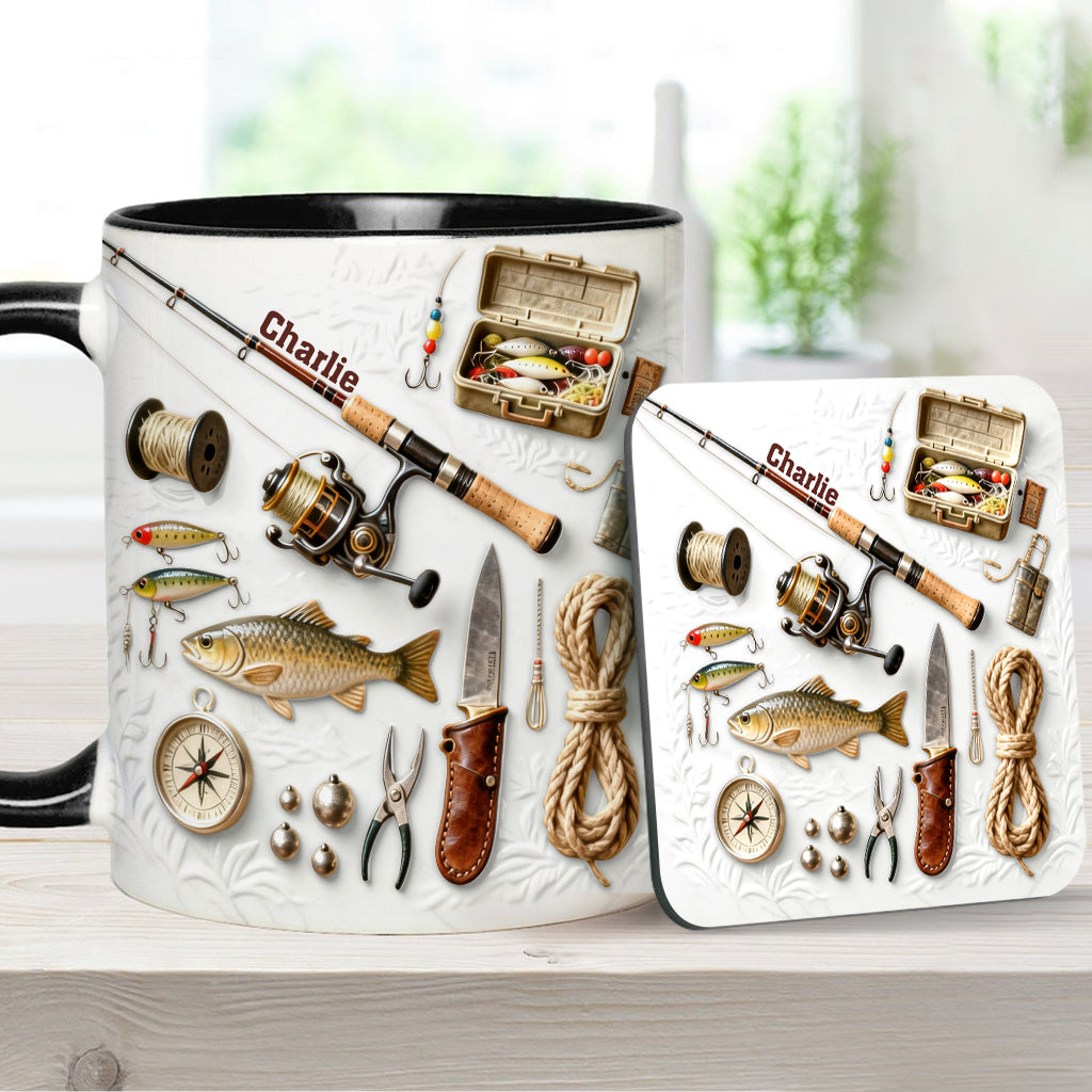 Liebe zum Angeln – Personalisierte Tasse und Untersetzer mit Angelmotiv