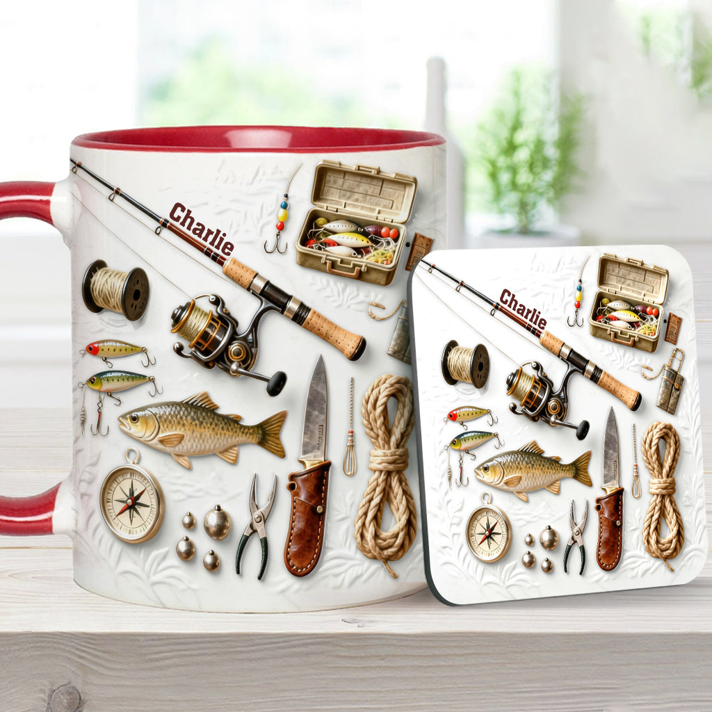 Liebe zum Angeln – Personalisierte Tasse und Untersetzer mit Angelmotiv