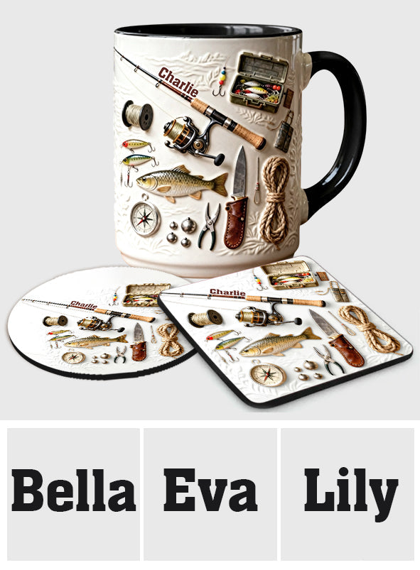 Liebe zum Angeln – Personalisierte Tasse und Untersetzer mit Angelmotiv