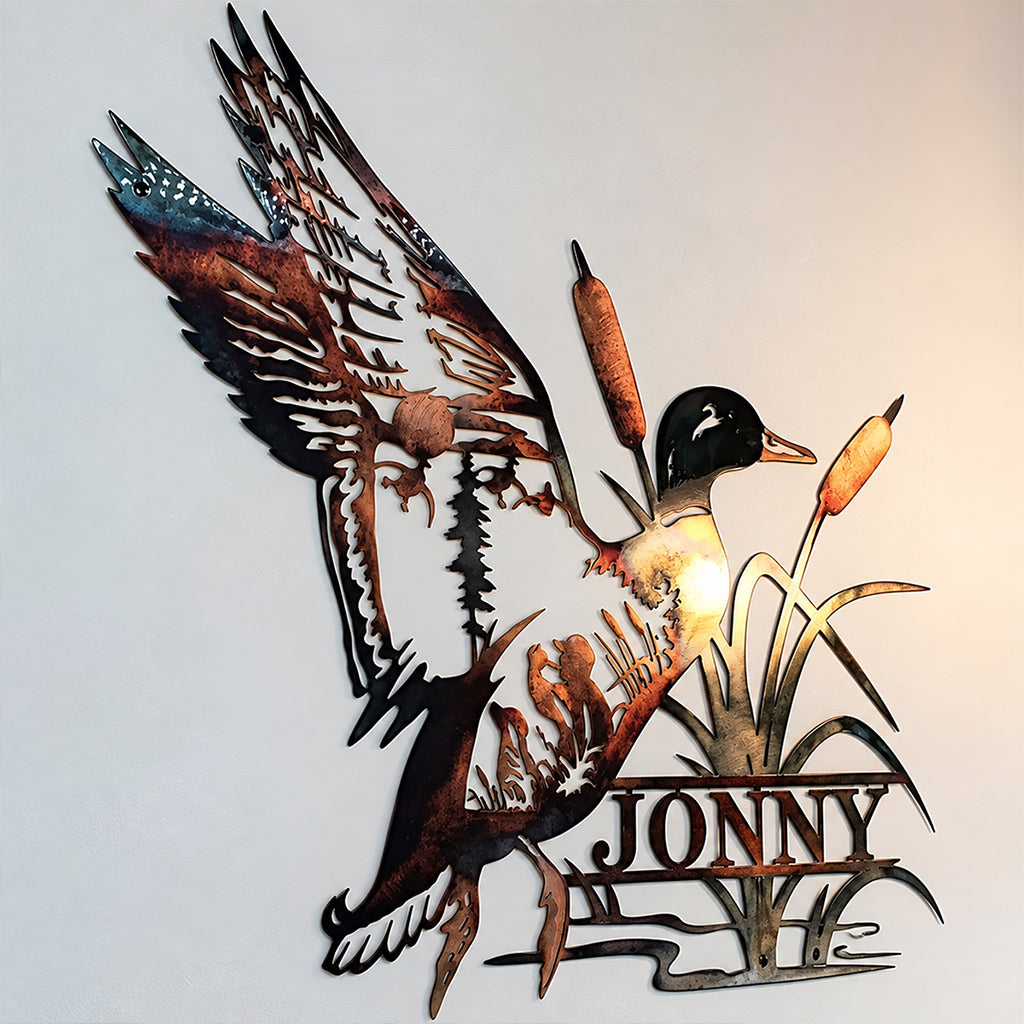 Enten- und Elch-Metallwandkunst im Landhausstil - Einzigartig - Personalisierte Jagdschild aus Metall