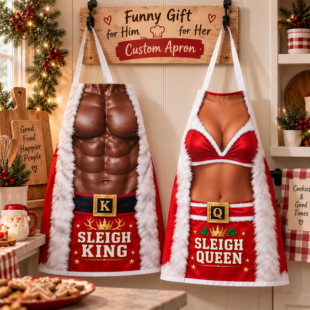 Sleigh King, Sleigh Queen - Personalized Couple Apron With Pockets
