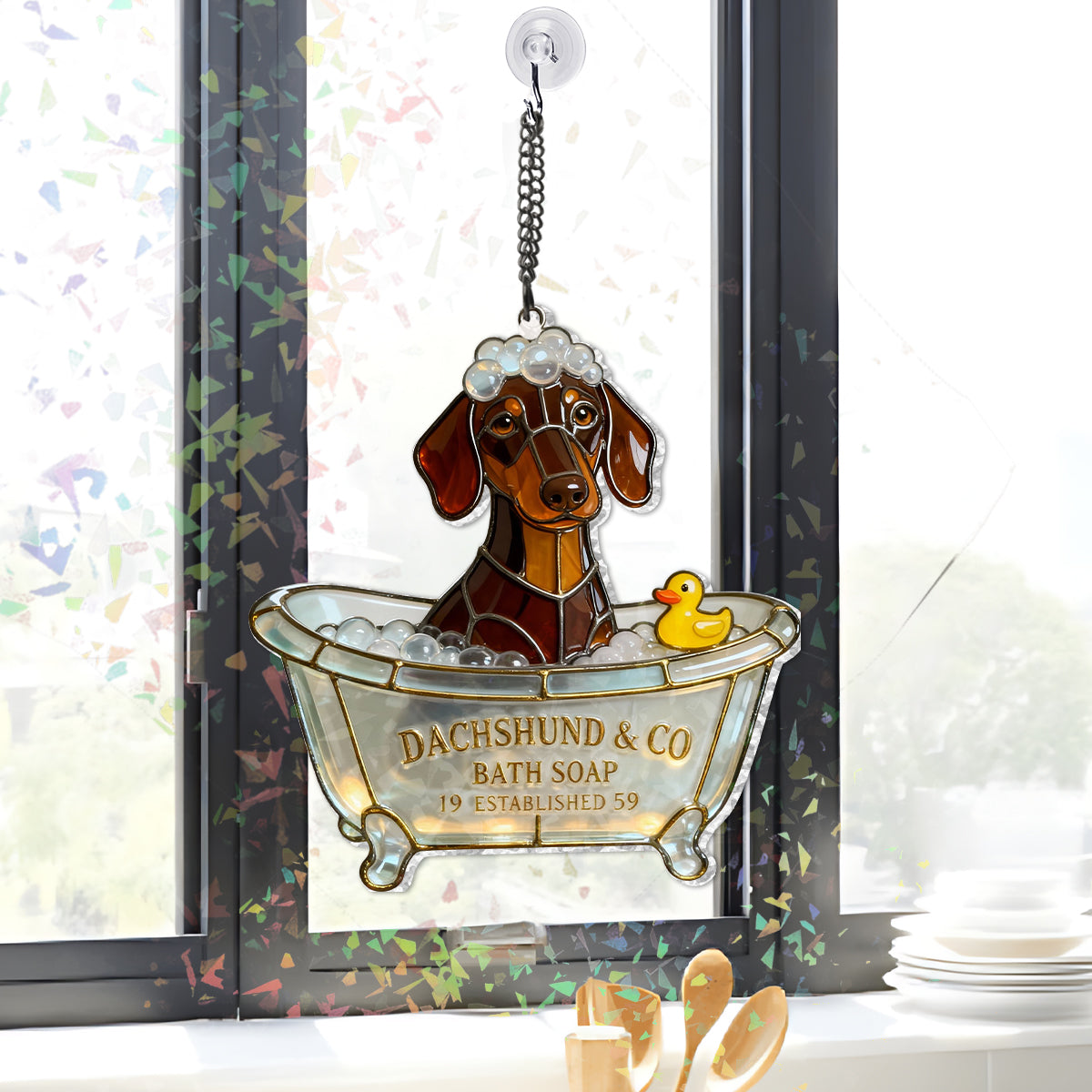 Savon de bain Wash Your Paws Pet & Co - Attrape-soleil hologramme personnalisé pour chien à suspendre à la fenêtre