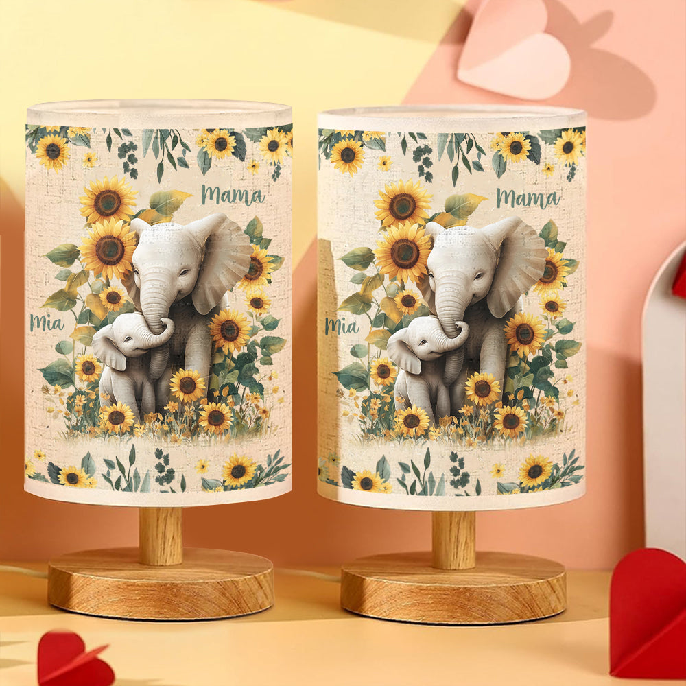 Sunflower Elephant Mom - Personalized Mother Tableside Lamp With Wood Base