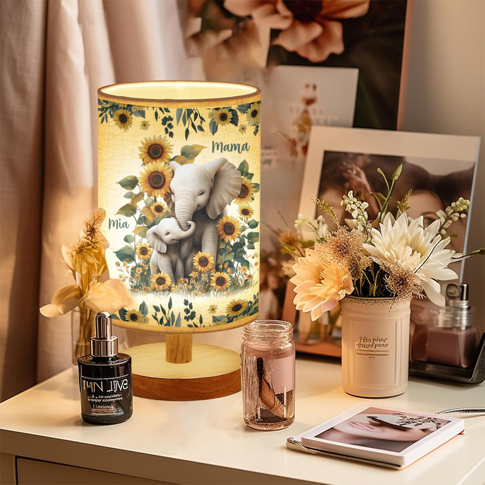 Sunflower Elephant Mom - Personalized Mother Tableside Lamp With Wood Base