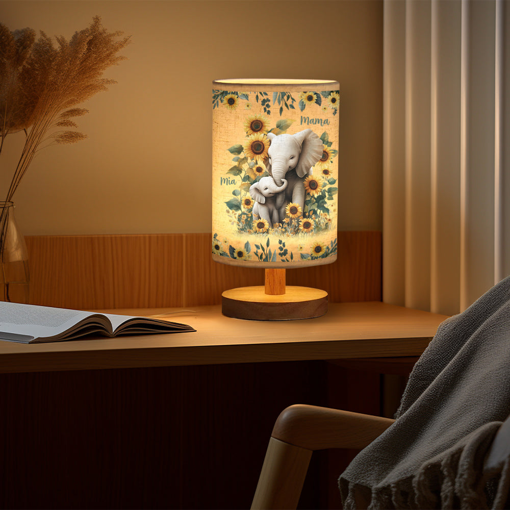 Sunflower Elephant Mom - Personalized Mother Tableside Lamp With Wood Base
