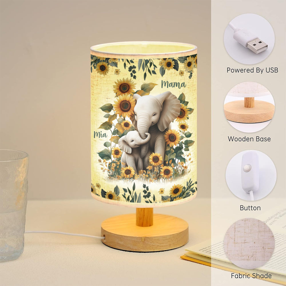 Sunflower Elephant Mom - Personalized Mother Tableside Lamp With Wood Base