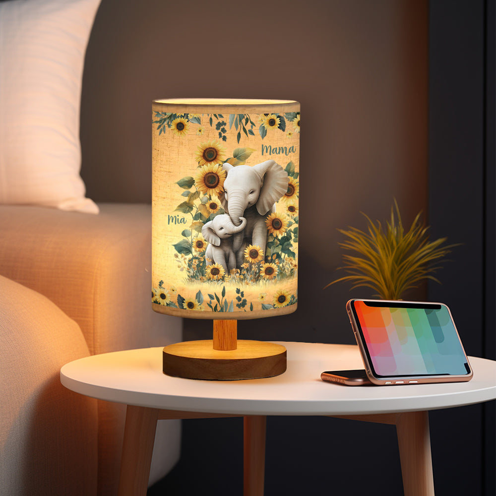 Sunflower Elephant Mom - Personalized Mother Tableside Lamp With Wood Base