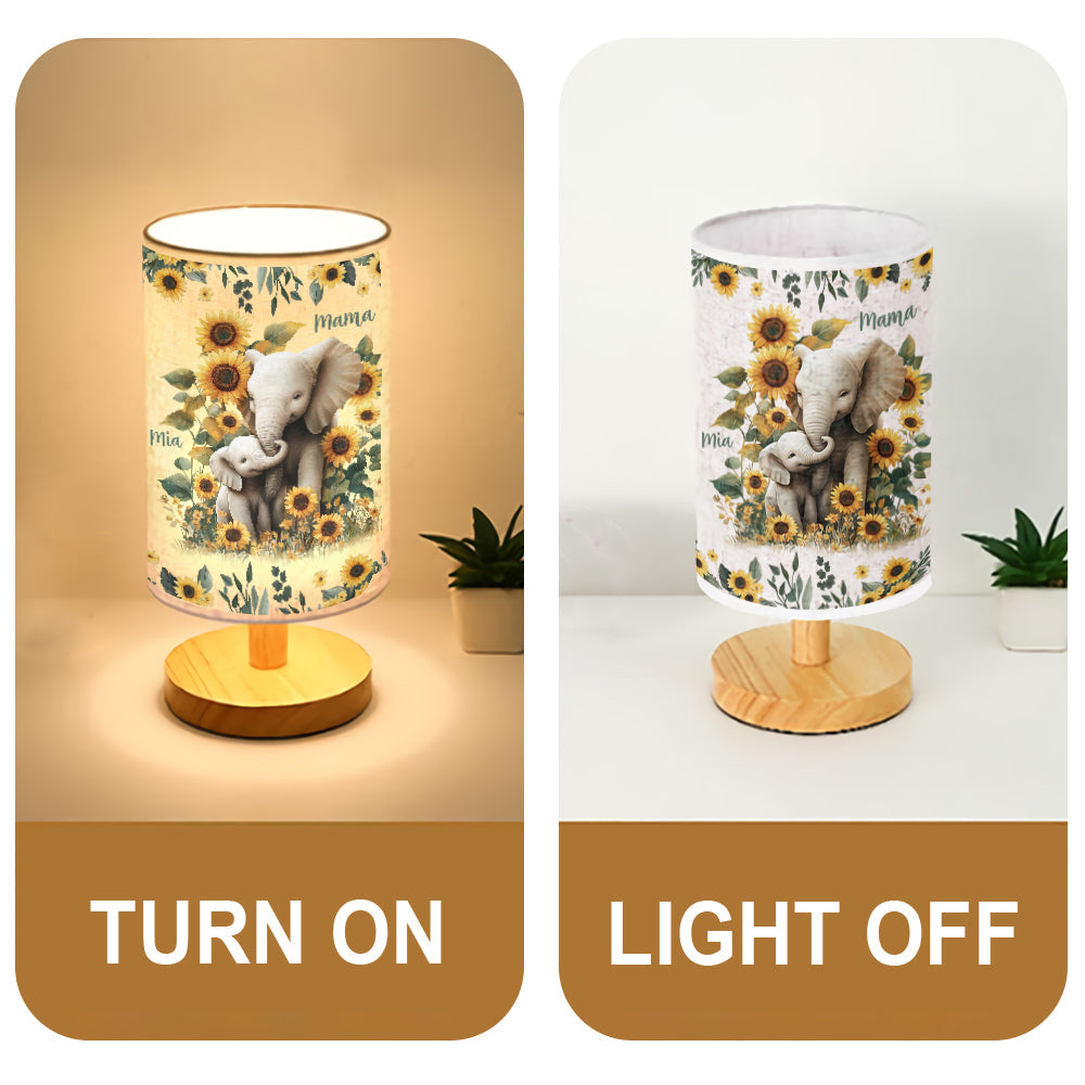 Sunflower Elephant Mom - Personalized Mother Tableside Lamp With Wood Base