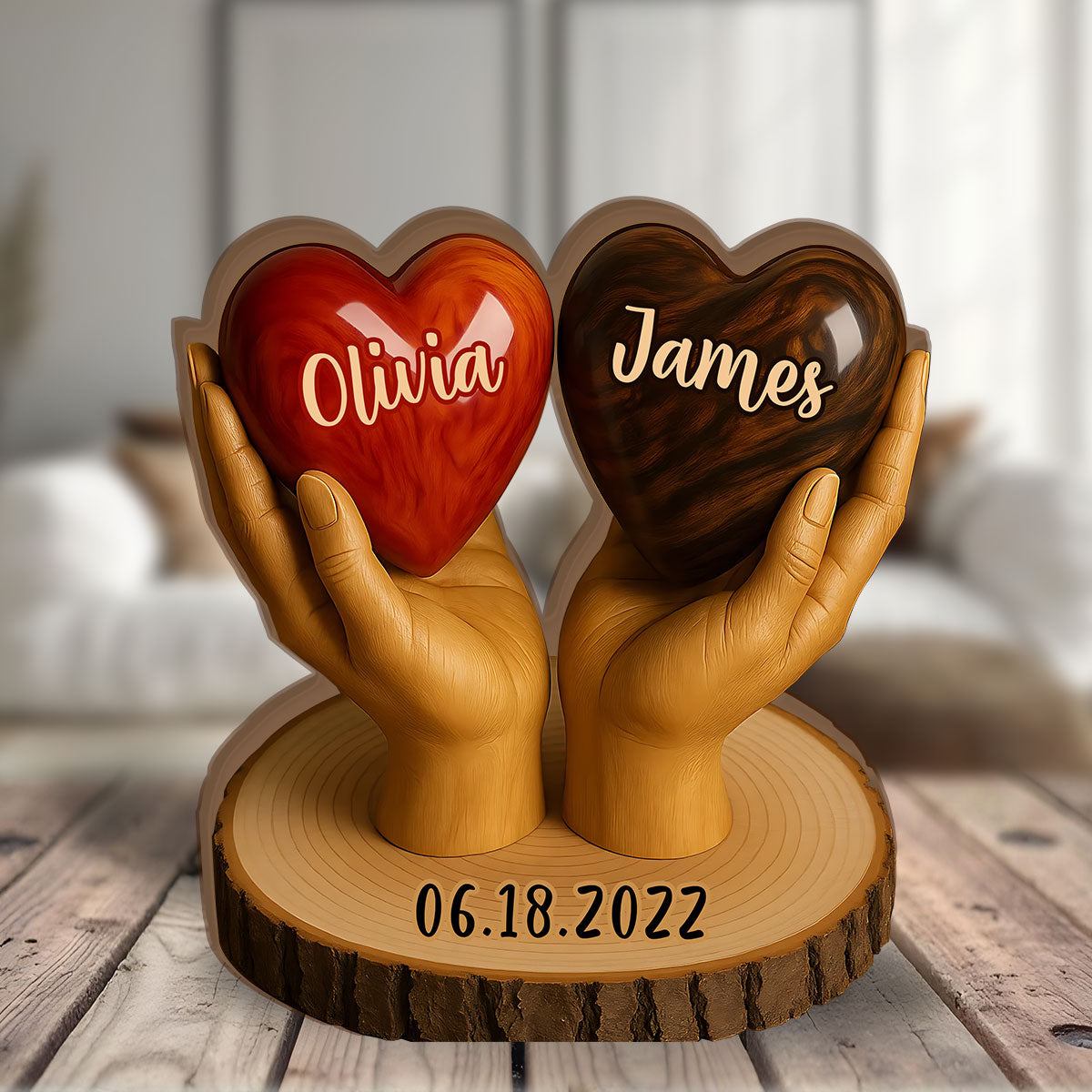 Two Hearts One Love - Personalized Couple Custom Shaped Wood Plaque