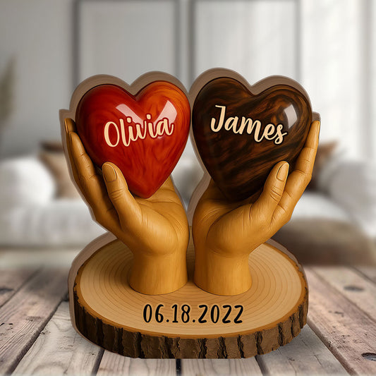 Two Hearts One Love - Personalized Couple Custom Shaped Wood Plaque