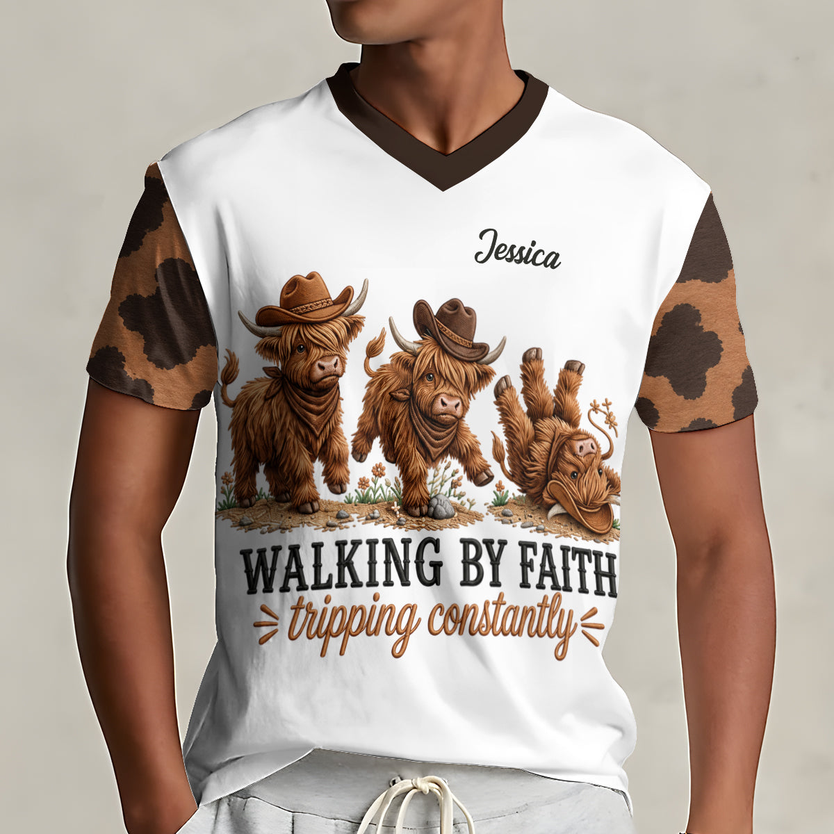 Walking By Faith Tripping Constantly - Personalized Highland Cow Fully Printed V-Neck T-Shirt