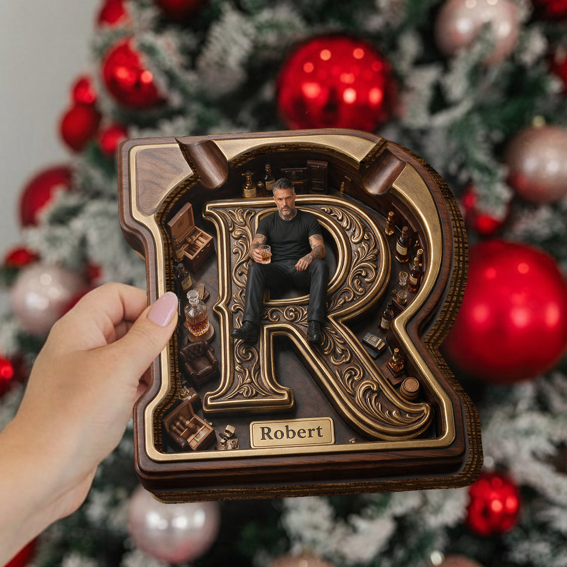 Monogramme Photo - Plateau en Bois Réel Personnalisé pour Hommes