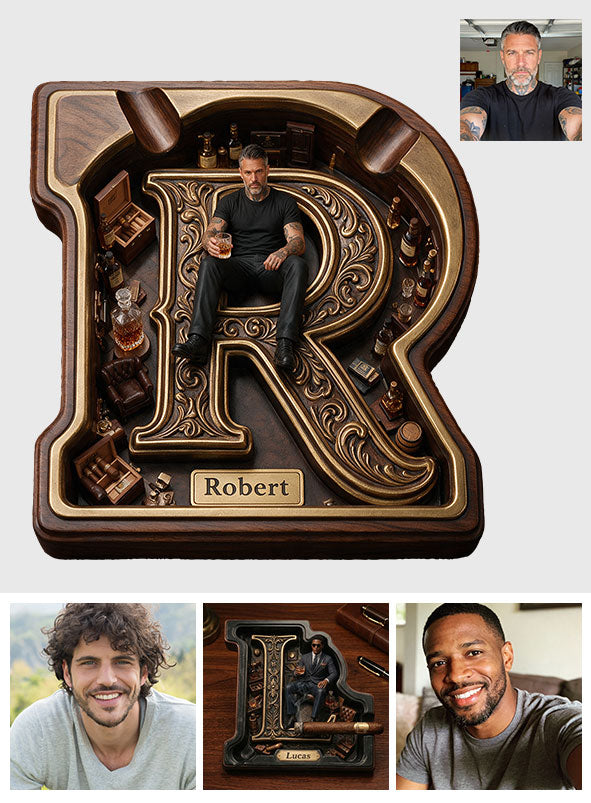 Monogramme Photo - Plateau en Bois Réel Personnalisé pour Hommes
