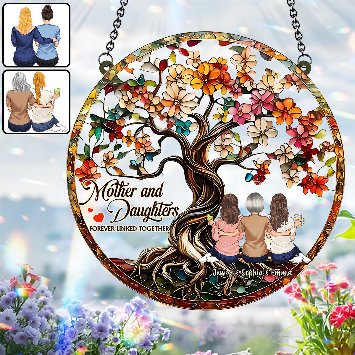 Mother And Daughters Forever Linked Together - Personalized Mother Window Hanging Suncatcher Ornament