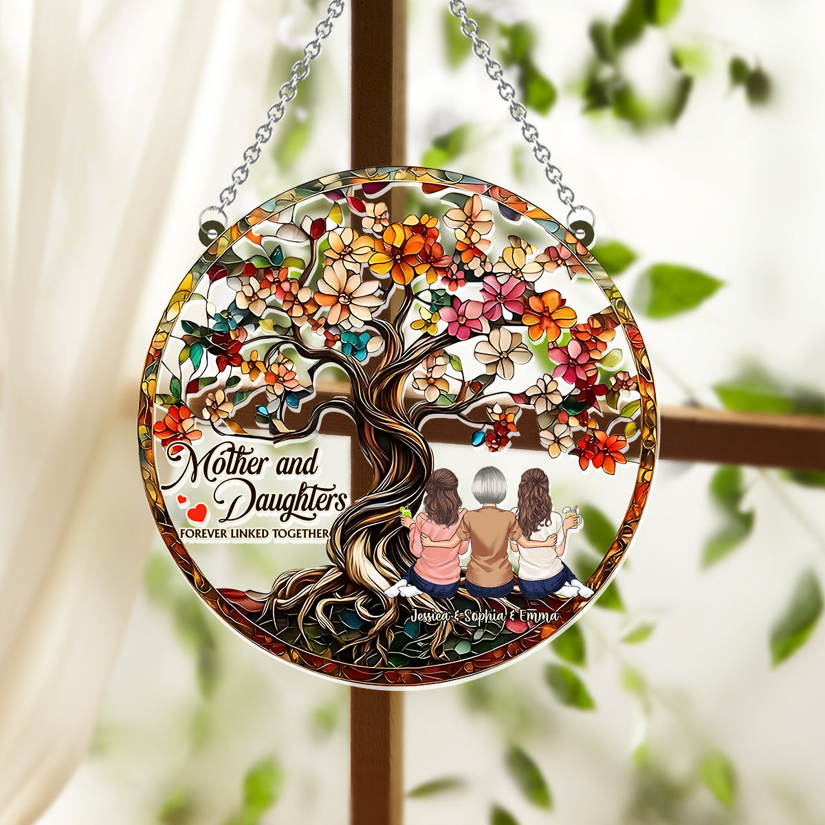 Mother And Daughters Forever Linked Together - Personalized Mother Window Hanging Suncatcher Ornament