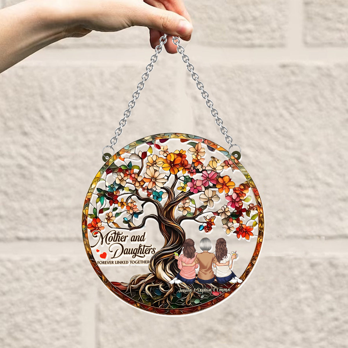 Mother And Daughters Forever Linked Together - Personalized Mother Window Hanging Suncatcher Ornament