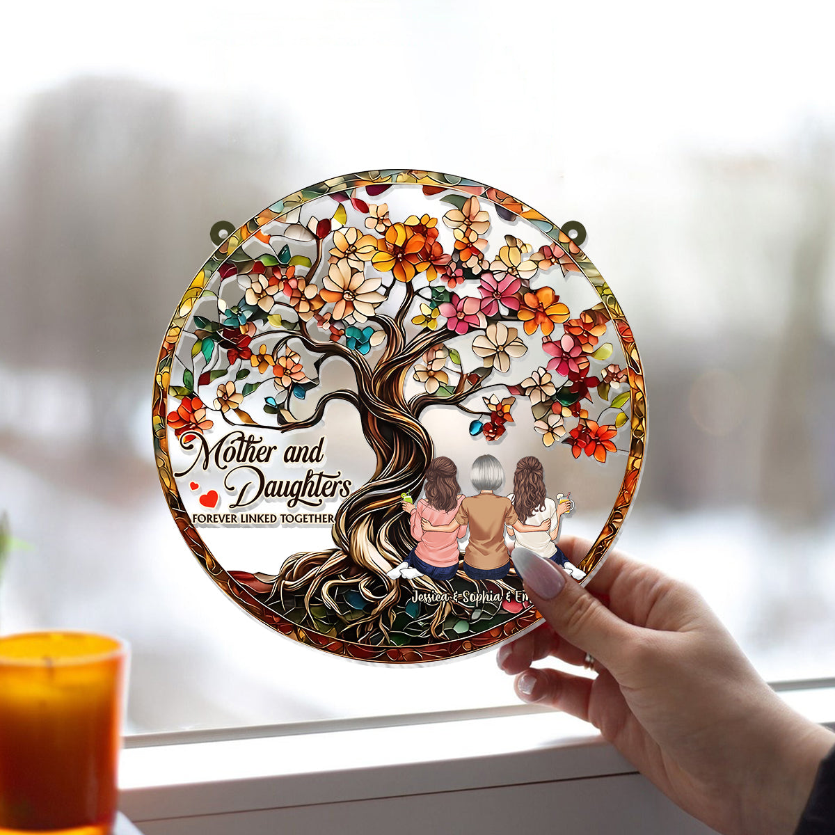Mother And Daughters Forever Linked Together - Personalized Mother Window Hanging Suncatcher Ornament