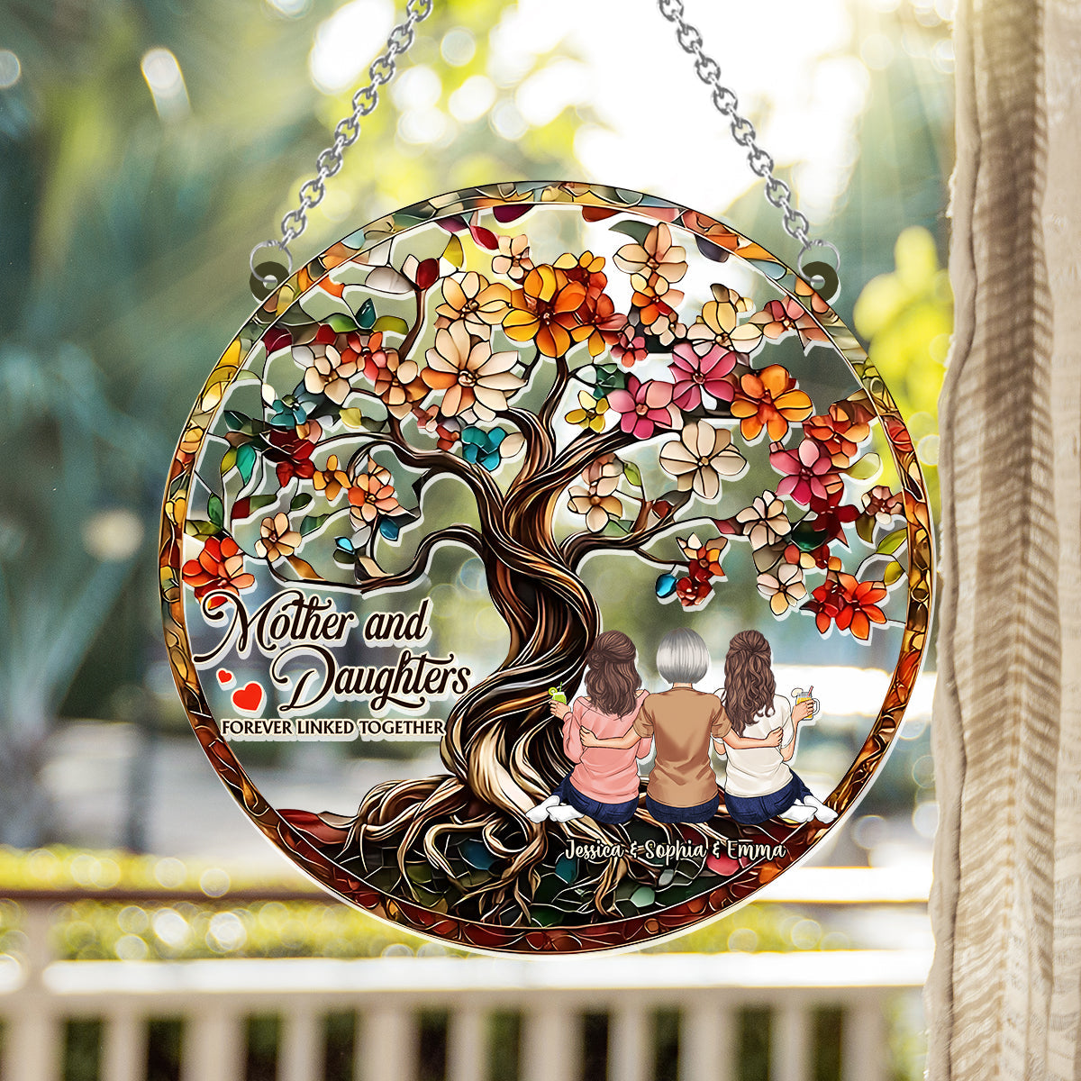 Mother And Daughters Forever Linked Together - Personalized Mother Window Hanging Suncatcher Ornament