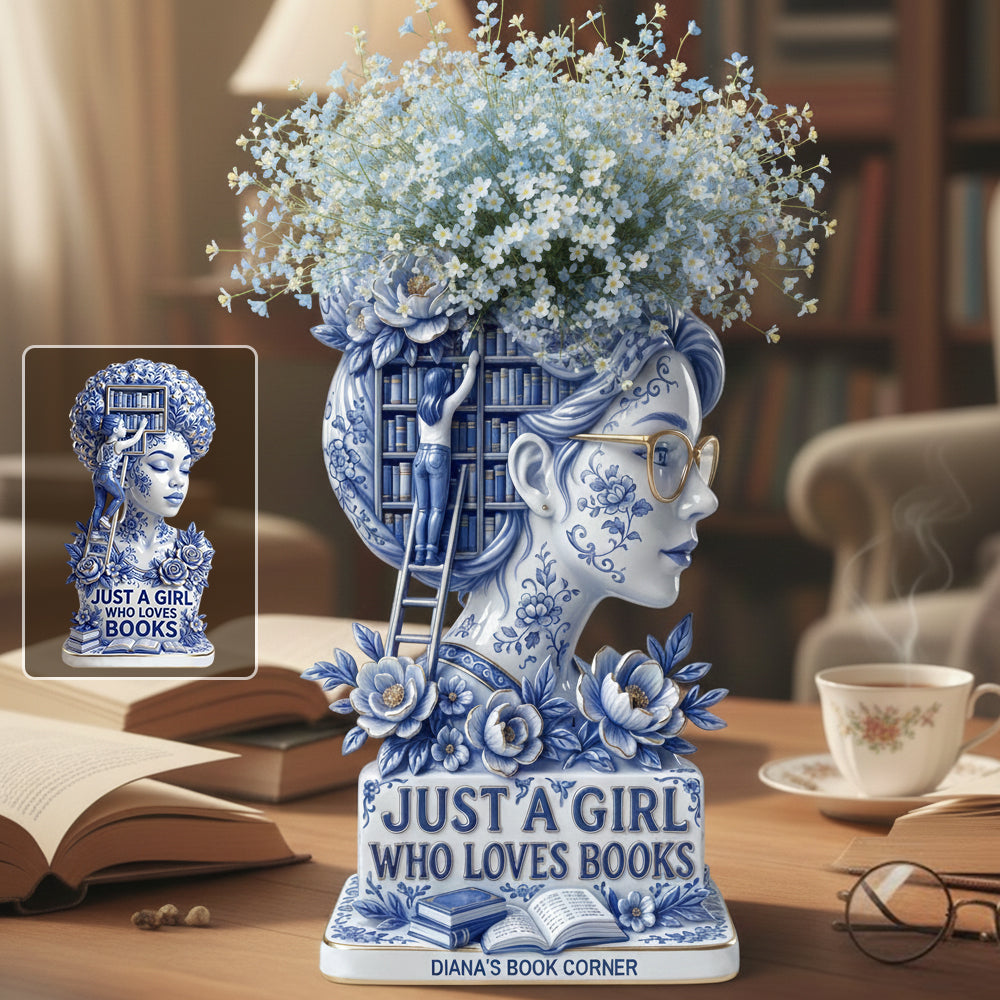 Einfach ein Mädchen, das Bücher liebt – personalisierte Acryl-Blumenvase in Buchform