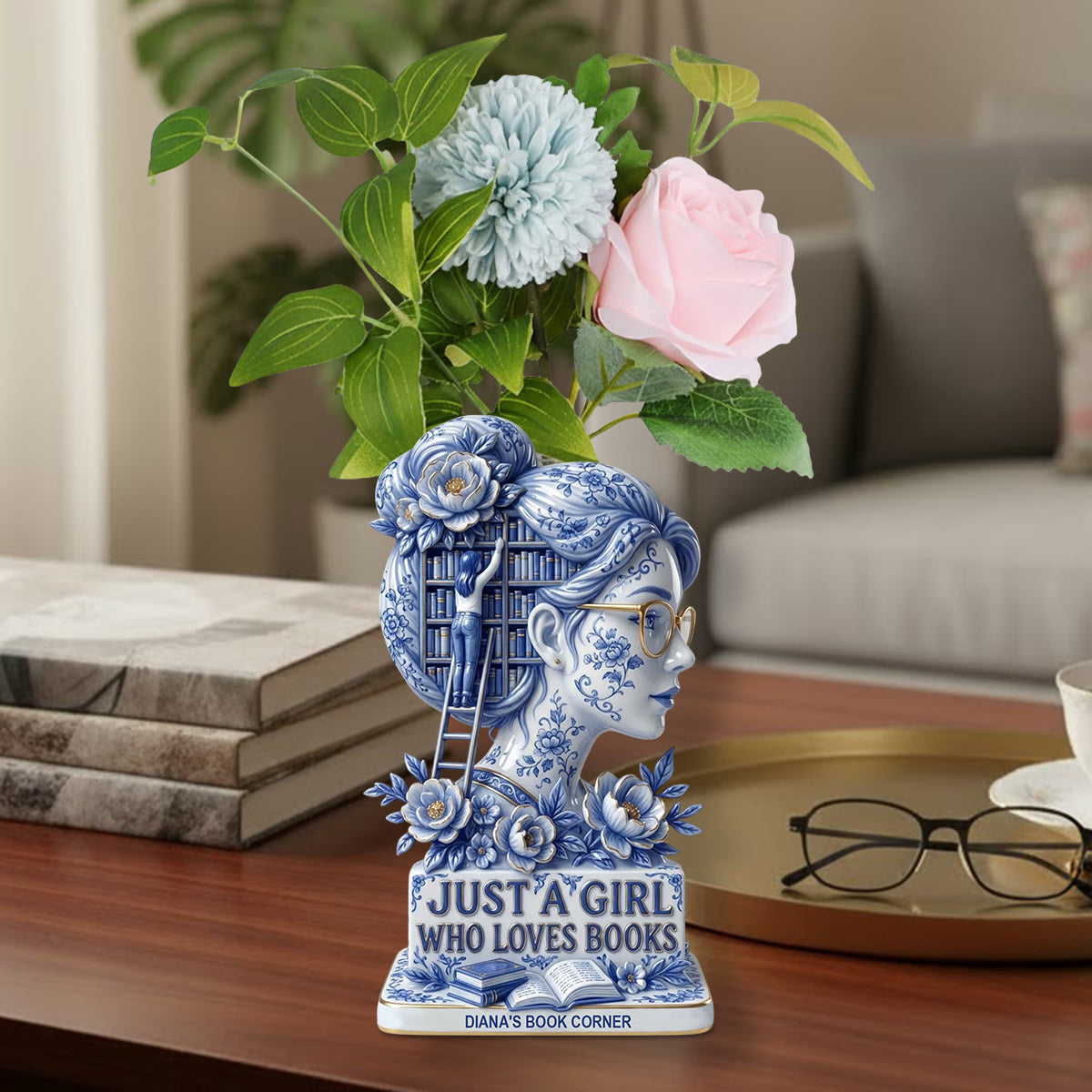 Einfach ein Mädchen, das Bücher liebt – personalisierte Acryl-Blumenvase in Buchform