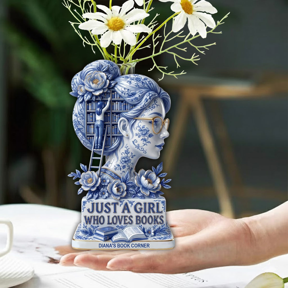 Einfach ein Mädchen, das Bücher liebt – personalisierte Acryl-Blumenvase in Buchform